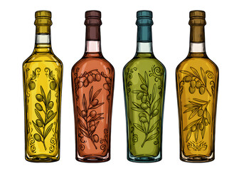 Illustration of Colorful Bottles with Olive Oil and Herbal Embellishments