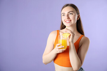 Woman with refreshing drink and straw on violet background, space for text
