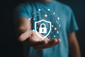 Man holding futuristic shield with lock representing cybersecurity and online protection