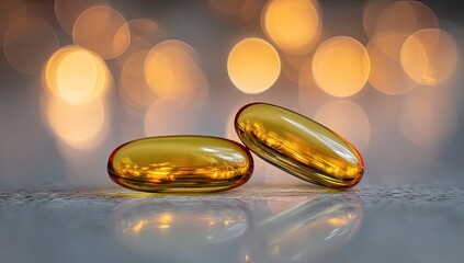 Two golden pills on a surface, bokeh background