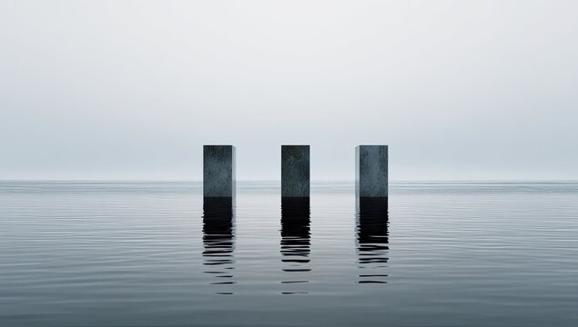 Calm water, three vertical gray pillars
