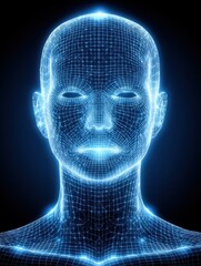 Futuristic digital representation of a human face in blue.