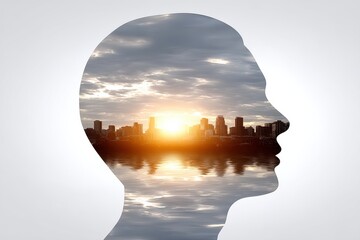 Silhouette of a person with a sunset skyline reflection.