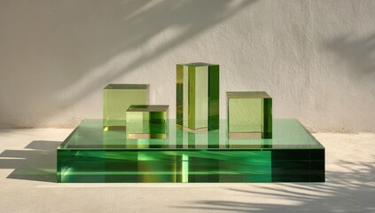 Transparent green cubes on a larger green glass platform