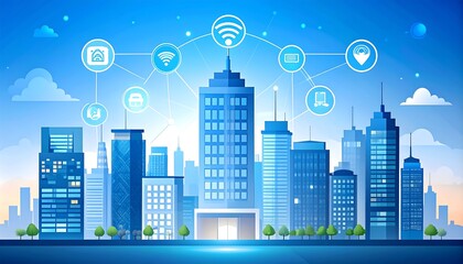A modern cityscape is showcased, featuring a network of interconnected smart home and city devices, showcasing the future of intelligent living.