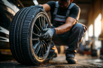 Expert mechanic changing tire in automotive workshop during golden hour