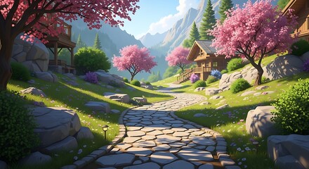 Peaceful Mountain Village Pathway.