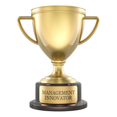 Management Innovator award, gold trophy cup with engraved plaque. 3D rendering