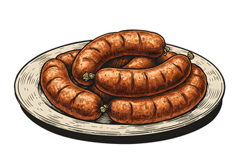 Illustration Of Cooked Sausages On A Plate With Transparent Background