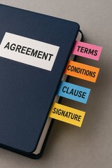 healthcare agreement staff concept. Notebook with tabs labeled for contract details and agreement.