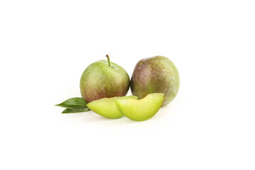Fresh Sweet Plums Whole and Sliced with Leaves on White Background
