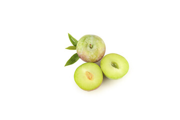 Freshly Picked Green Plums with Leaves on White Background - Healthy Stone Fruit