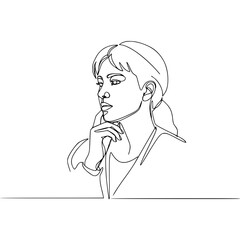 Woman thoughtfully pondering with hand on chin in line art style,  isolated vector image on transparent background
 