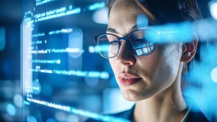 Focused female developer analyzing code on a digital screen in modern office - Powered by Adobe
