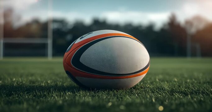 Panning camera capturing rotating rugby ball on turf, highlighting sunlit design with goalposts