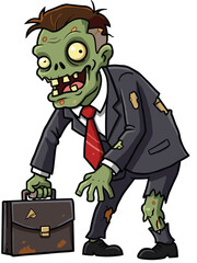 Cartoon zombie businessman in tattered suit carrying briefcase, undead office worker, funny creepy character, Halloween horror undead illustration
