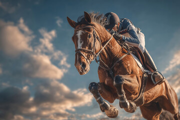 Dynamic horse jumps impressively against a dramatic sky backdrop in racing event