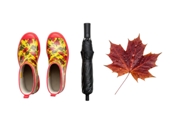 Rainy autumn day items PNG transparent background isolated white fall collection rubber boots umbrella leaf