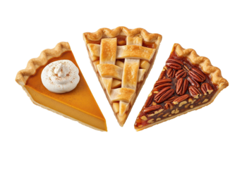 Autumn pie slices PNG transparent background isolated fall dessert pumpkin apple pecan pie set collection