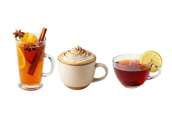 Autumn drinks PNG transparent background isolated hot beverages latte cider tea mug cup collection cozy warm