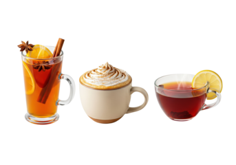 Autumn drinks PNG transparent background isolated hot beverages latte cider tea mug cup collection cozy warm