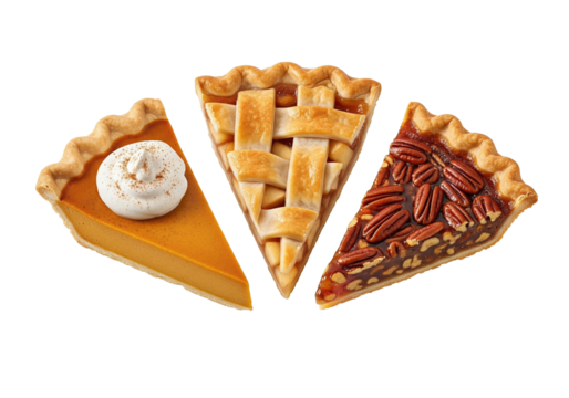 Autumn pie slices PNG transparent background isolated fall dessert pumpkin apple pecan pie set collection