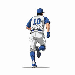 Naklejka premium Vector Illustration of a Baseball Player Running in Athletic Uniform in Modern Sport Style with Blue White Colors
