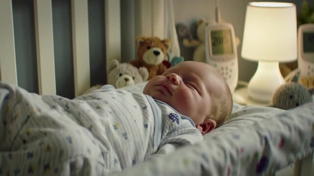 Peaceful Infant Sleeping in Cozy Crib With Soft Lighting and Nursery Toys, Serene Baby Monitor Scene 4K Video