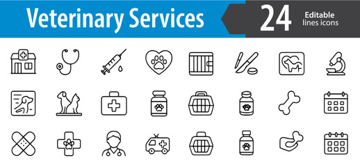 Veterinary Services Line Icons, Pet Care, Animal Clinic, Vet Doctor, Medical Cross, Dog, Cat, Bird, Fish, and More, Vector Icons Set, Ideal for Both Digital and Print Use 
