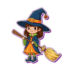 Girl in full witch costume with broom Halloween sticker on transparent background