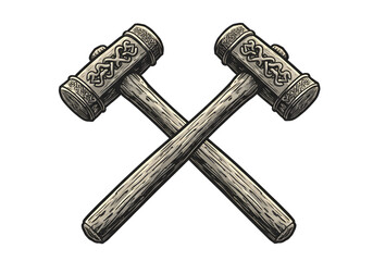 Illustration Of Crossed Hammers With Intricate Carvings Over Black Background