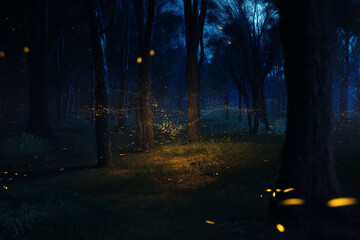 Enchanted forest at twilight, glowing fireflies among trees, magical and mysterious woodland atmosphere.
