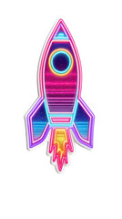 Retro Synthwave Neon Rocket Sticker with Vibrant Futuristic Glow