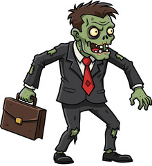 Cartoon zombie in business suit holding briefcase, undead office worker, Halloween costume, scary Halloween illustration, spooky zombie character
