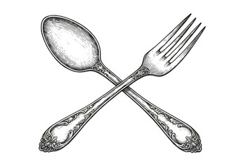 Illustration Of Crossed Spoon And Fork In White On Black Background
