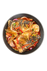 Spicy Fish Head Stew with Vegetables in Black Bowl on White Background