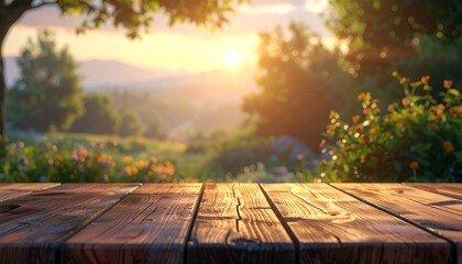 A wooden table surface extends into a serene landscape bathed in the warm glow of a golden sunset.