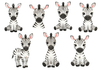 Illustration of Cute Zebras in Various Poses with Transparent Background