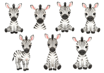 Illustration of Cute Zebras in Various Poses with Transparent Background