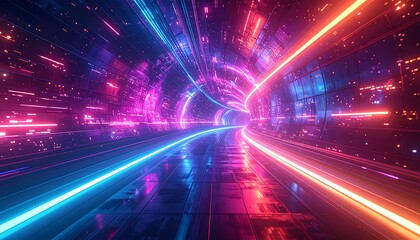 A vibrant, futuristic tunnel curves ahead, illuminated by streaks of glowing, neon pink and blue lights, showcasing a dynamic and technologically advanced design.