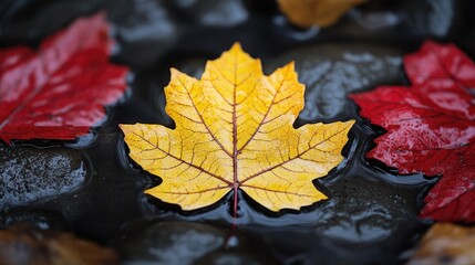 Close-up of a vibrant yellow maple leaf resting on wet rocks with red leaves in the background. 