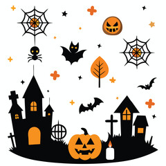 A spooky Halloween vector illustration featuring haunted houses pumpkins, bats spider webs and graveyard elements in flat design style.