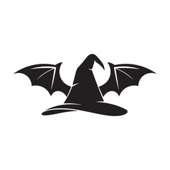 black silhouette witch hat with bat wings illustration – bold halloween fantasy icon for spooky decor and branding on white background.