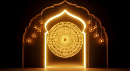 An ornate archway with glowing islamic calligraphy and hanging lanterns, creating a festive and spiritual atmosphere for ramadan or eid celebrations
