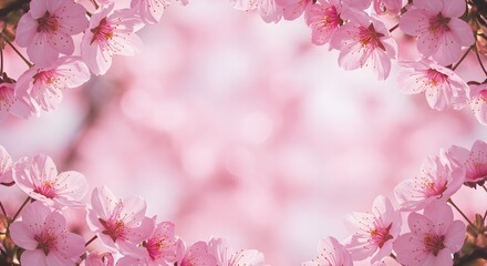 Obraz premium Elegant pink cherry blossom floral frame with delicate petals, perfect for invitations, greeting cards, wedding design, and spring decoration.