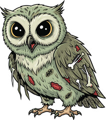 Cartoon zombie owl with big eyes, undead owl with bones and wounds, spooky undead bird, scary zombie owl character art zombie owl with big eyes, undead owl with bones and wounds, spooky undead 