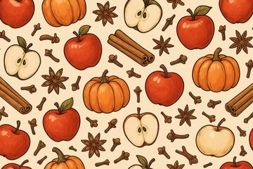 Seamless autumn pattern with pumpkins, apples, cinnamon, cloves and star anise—cozy fall background for crafts and packaging.
