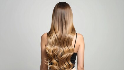 Fototapeta premium A woman's gorgeous, healthy-looking, wavy blond hair cascades down her back against a neutral backdrop.