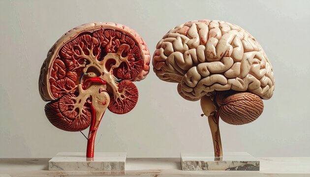 Anatomical models of a human brain and kidney, displayed side-by-side, showcasing internal structures and detail on a light background.