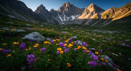 Naklejka premium Rugged Mountain Landscape with Dramatic Sky and Rocky Terrain